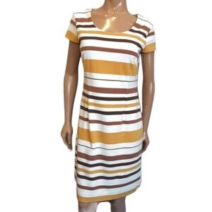 LYSE SPENARD Striped Short Sleeve Sheath Dress Womens Size Medium Yellow Brown